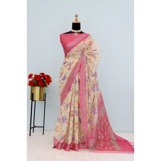 Amfyn Women's Linen Digital Print Saree With Unstitched Blouse 5.5Mtr (Pink)