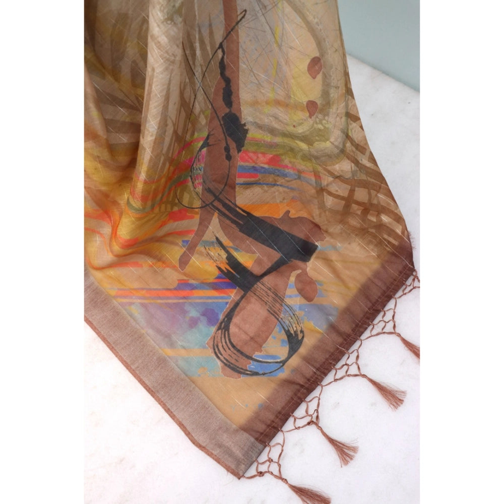 Amfyn Women's Linen Digital Print Saree With Unstitched Blouse 5.5Mtr (Multicolor)