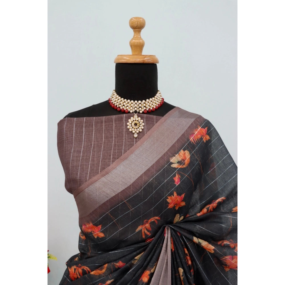 Amfyn Women's Linen Digital Print Saree With Unstitched Blouse 5.5Mtr (Black)