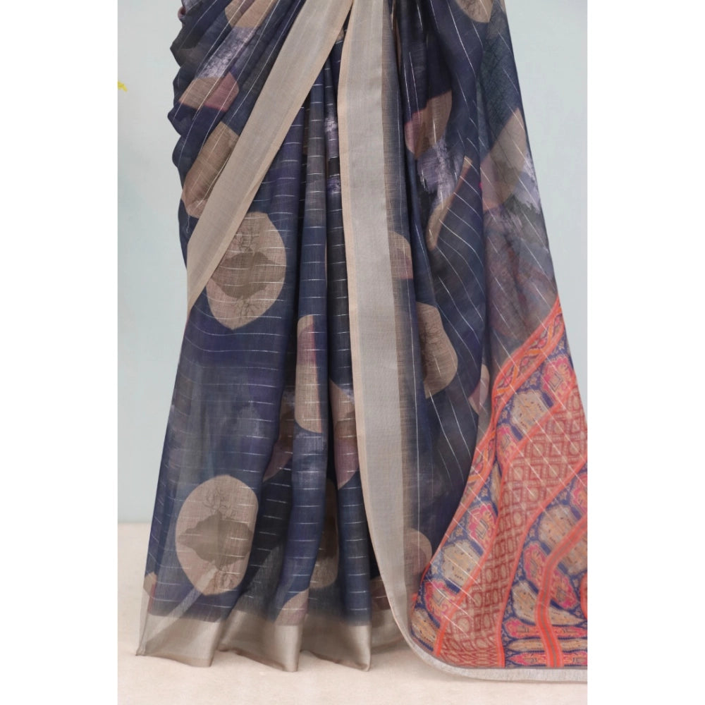 Amfyn Women's Linen Digital Print Saree With Unstitched Blouse 5.5Mtr (Blue)