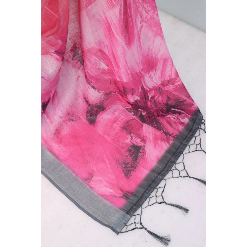 Amfyn Women's Linen Digital Print Saree With Unstitched Blouse 5.5Mtr (Pink)