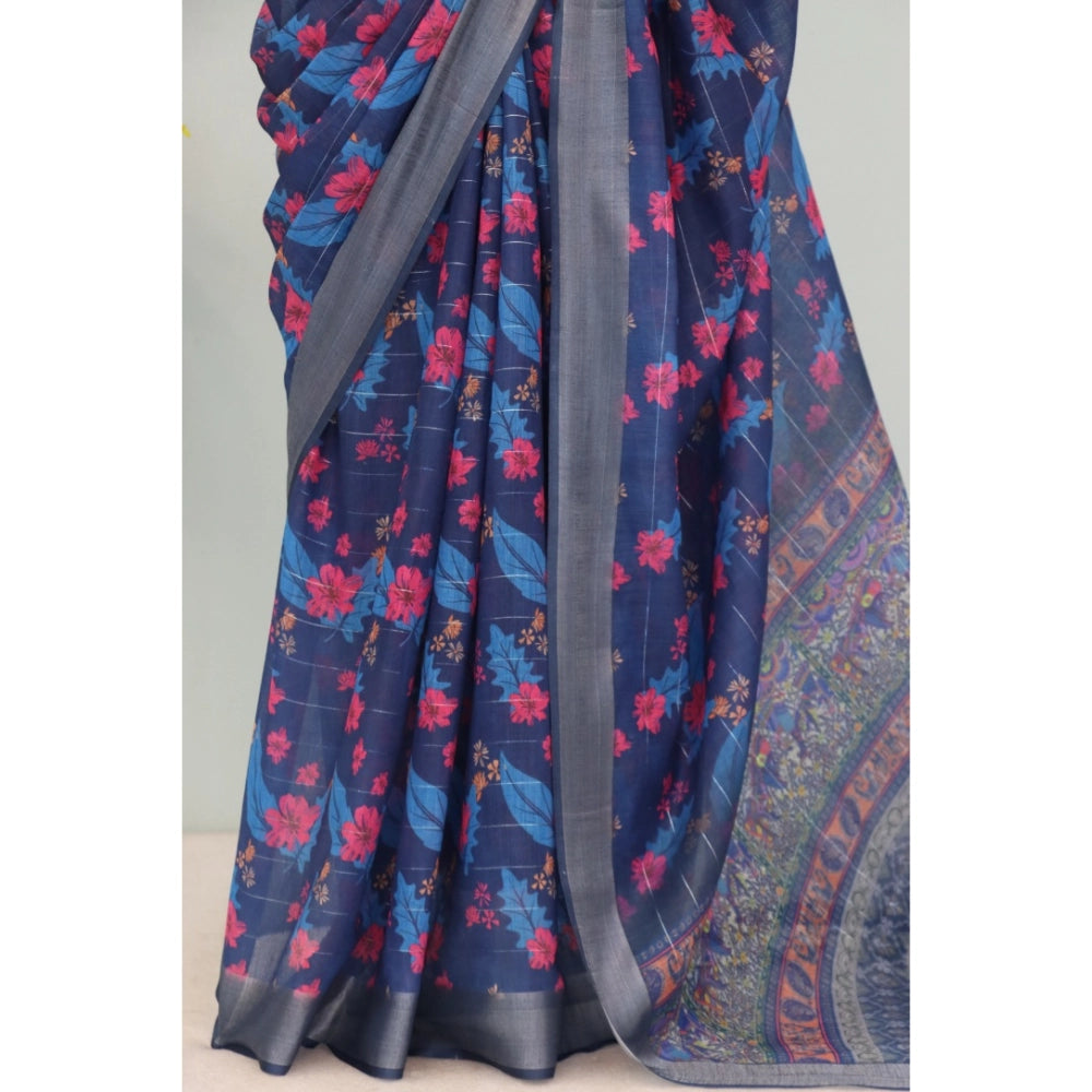 Amfyn Women's Linen Digital Print Saree With Unstitched Blouse 5.5Mtr (Blue)