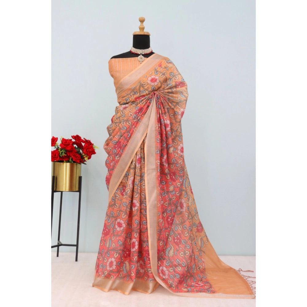 Amfyn Women's Linen Digital Print Saree With Unstitched Blouse 5.5Mtr (Orange)