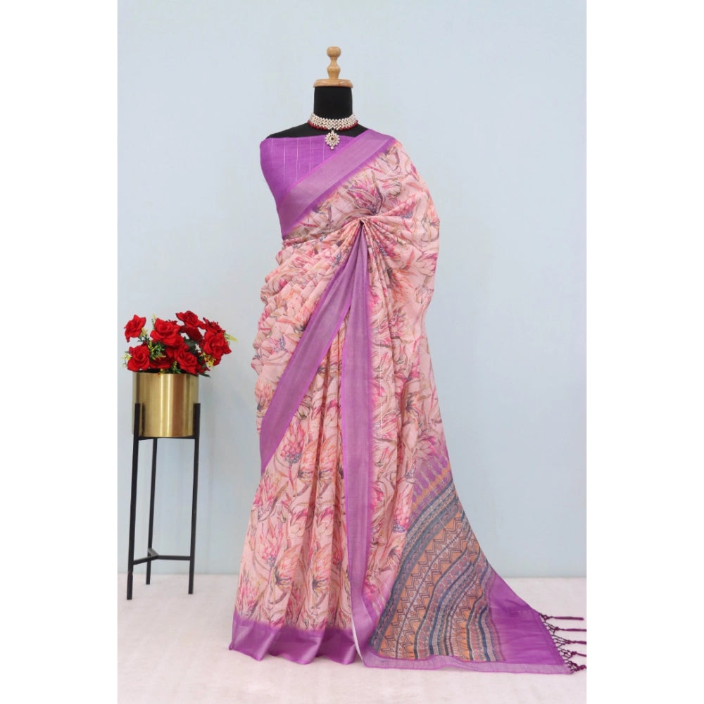 Amfyn Women's Linen Digital Print Saree With Unstitched Blouse 5.5Mtr (Purple)
