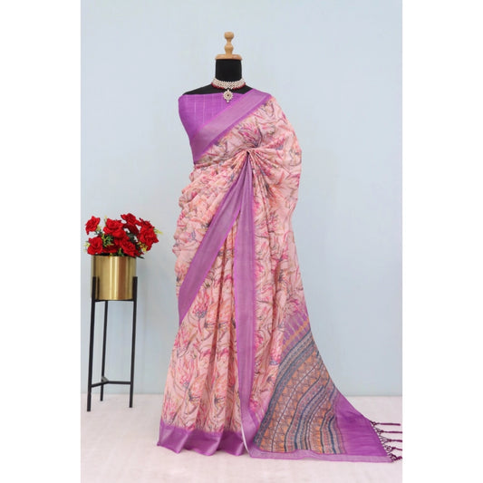 Amfyn Women's Linen Digital Print Saree With Unstitched Blouse 5.5Mtr (Purple)