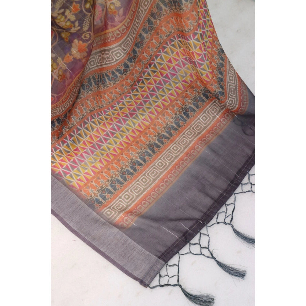 Amfyn Women's Linen Digital Print Saree With Unstitched Blouse 5.5Mtr (Grey)