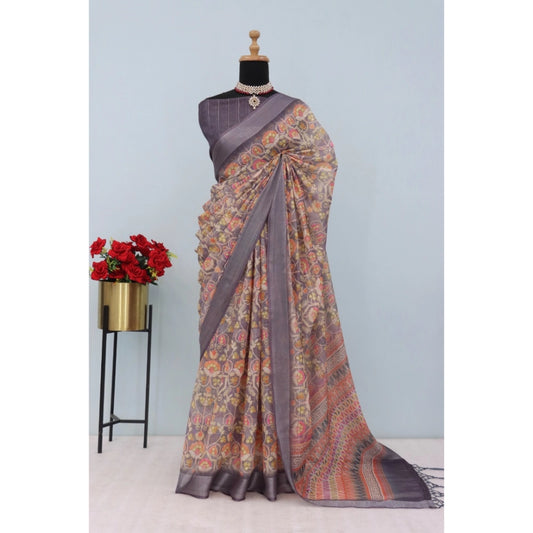 Amfyn Women's Linen Digital Print Saree With Unstitched Blouse 5.5Mtr (Grey)