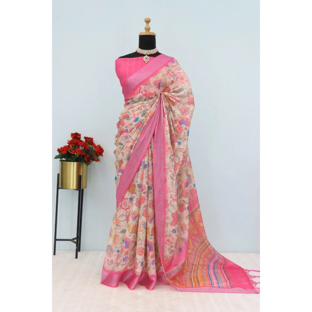 Amfyn Women's Linen Digital Print Saree With Unstitched Blouse 5.5Mtr (Pink)