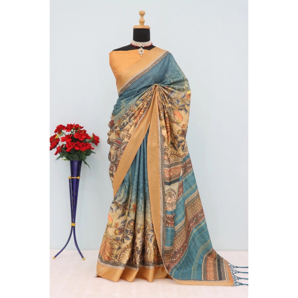 Amfyn Women's Mysore Silk  Digital Print Saree With Unstitched Blouse 5.5Mtr (Blue)