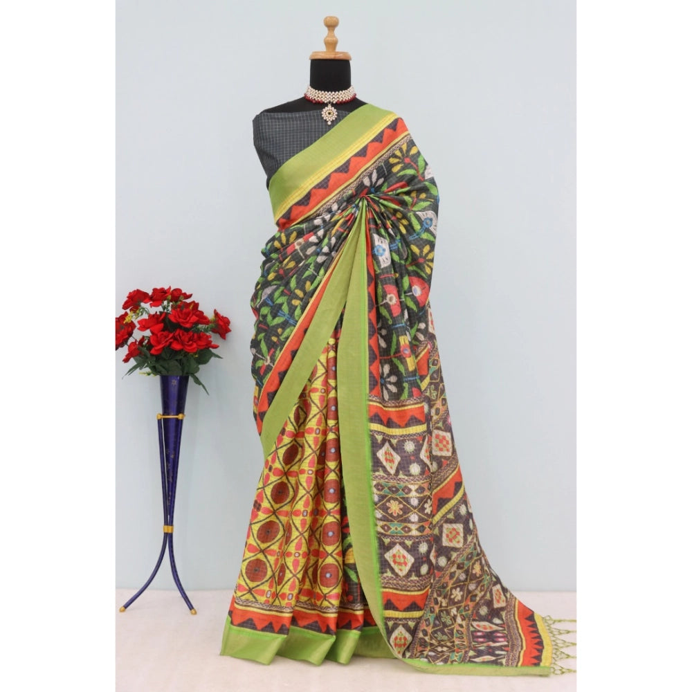 Amfyn Women's Mysore Silk  Digital Print Saree With Unstitched Blouse 5.5Mtr (Green)