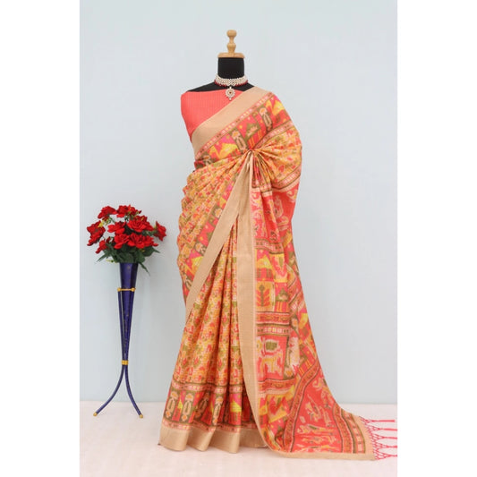 Amfyn Women's Mysore Silk  Digital Print Saree With Unstitched Blouse 5.5Mtr (Orange)