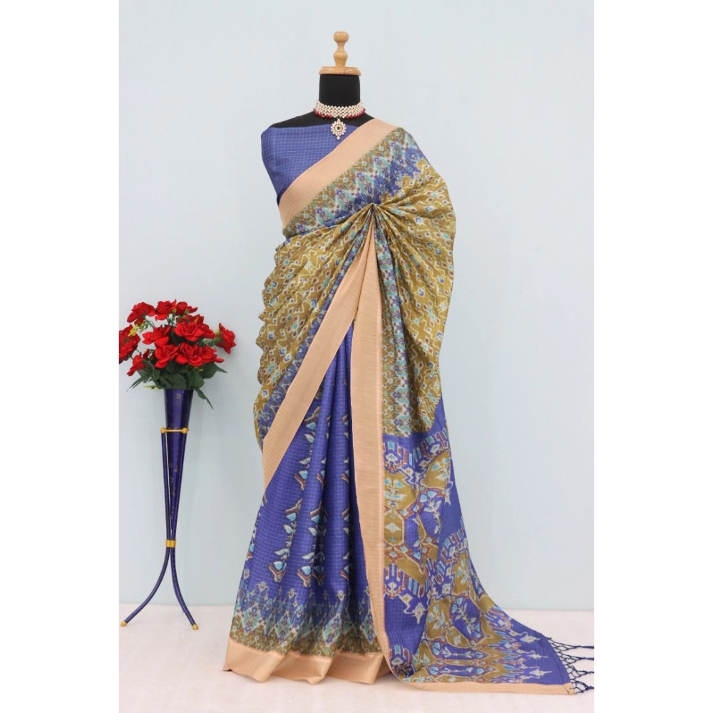 Amfyn Women's Mysore Silk  Digital Print Saree With Unstitched Blouse 5.5Mtr (Blue)