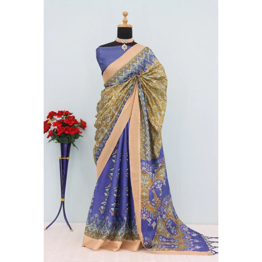 Amfyn Women's Mysore Silk  Digital Print Saree With Unstitched Blouse 5.5Mtr (Blue)