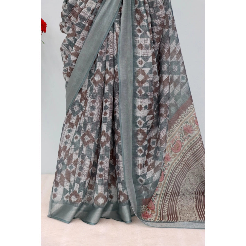Amfyn Women's Linen Digital Print Saree With Unstitched Blouse 5.5Mtr (Grey)