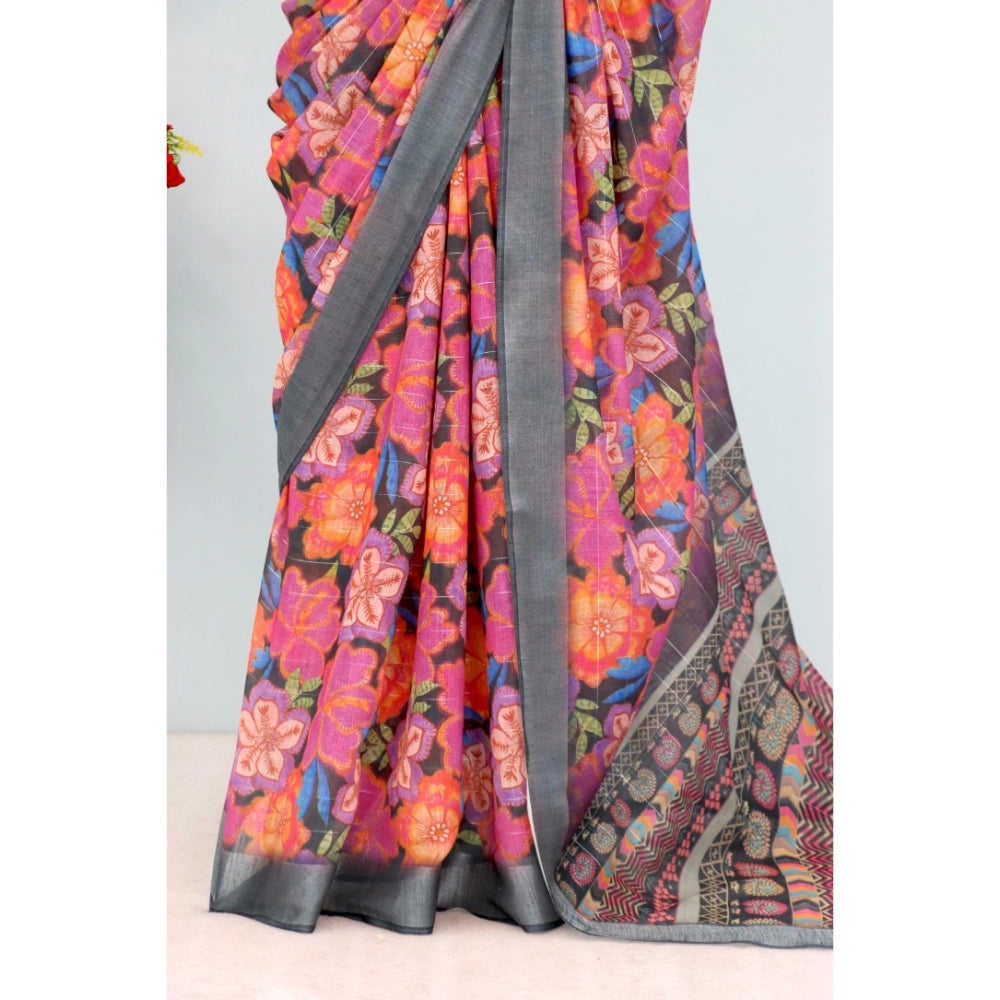 Amfyn Women's Linen Digital Print Saree With Unstitched Blouse 5.5Mtr (Grey)