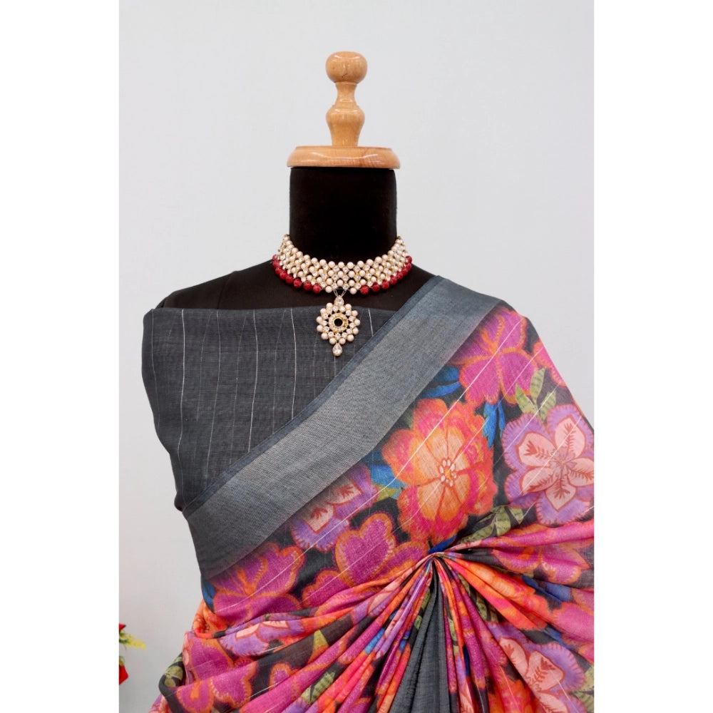 Amfyn Women's Linen Digital Print Saree With Unstitched Blouse 5.5Mtr (Grey)