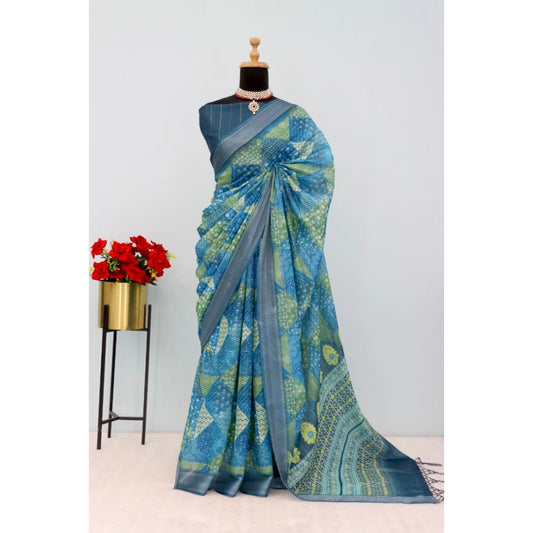 Amfyn Women's Linen Digital Print Saree With Unstitched Blouse 5.5Mtr (Green)