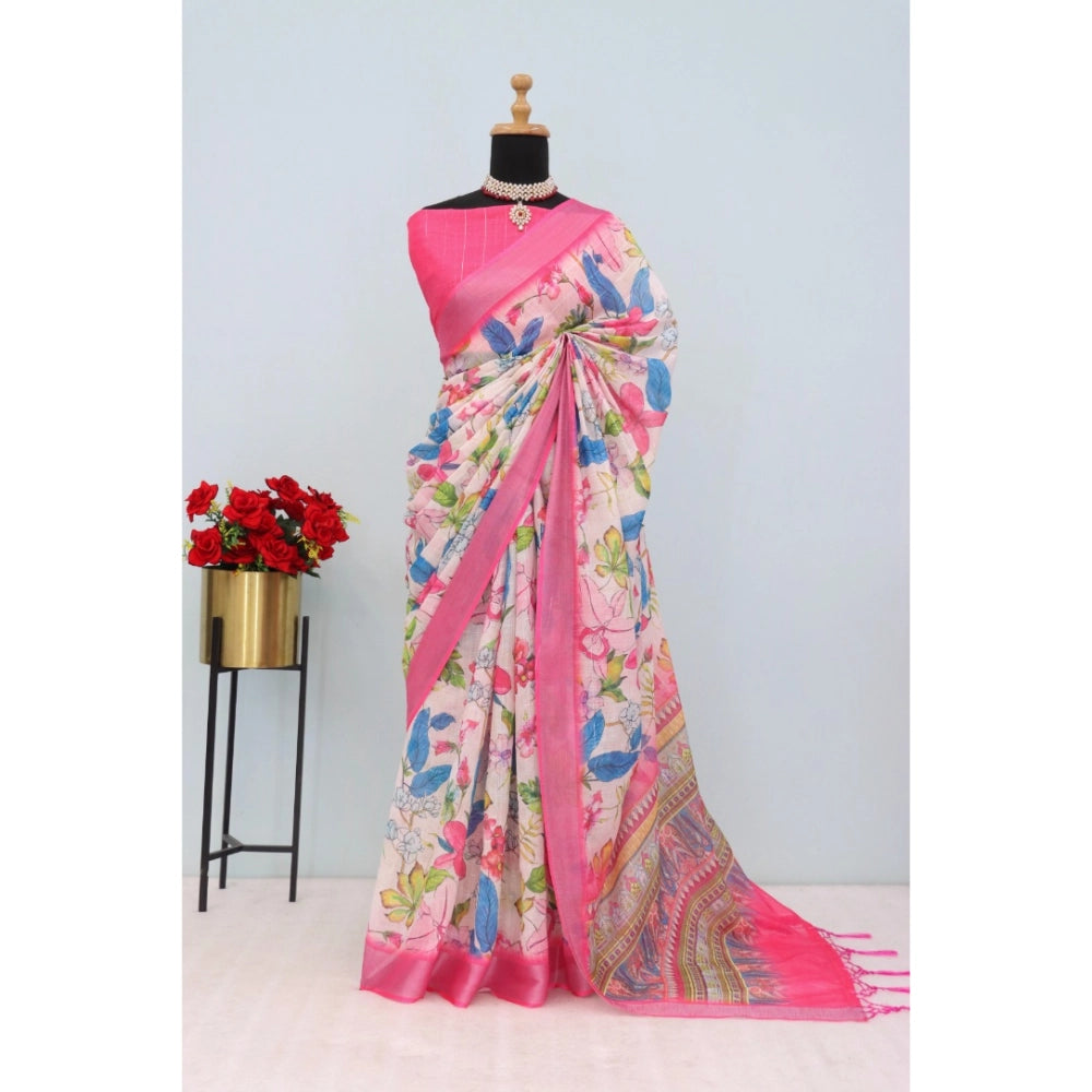 Amfyn Women's Linen Digital Print Saree With Unstitched Blouse 5.5Mtr (pink)