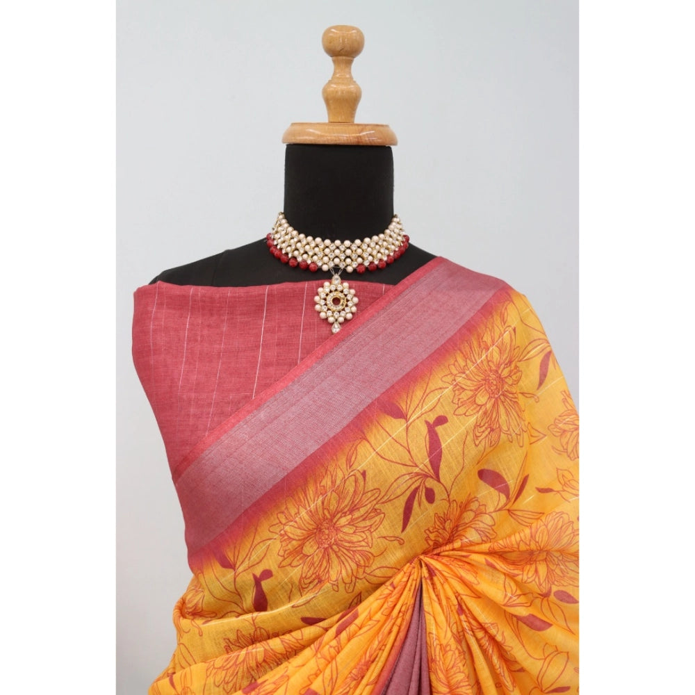 Amfyn Women's Linen Digital Print Saree With Unstitched Blouse 5.5Mtr (Mustard)