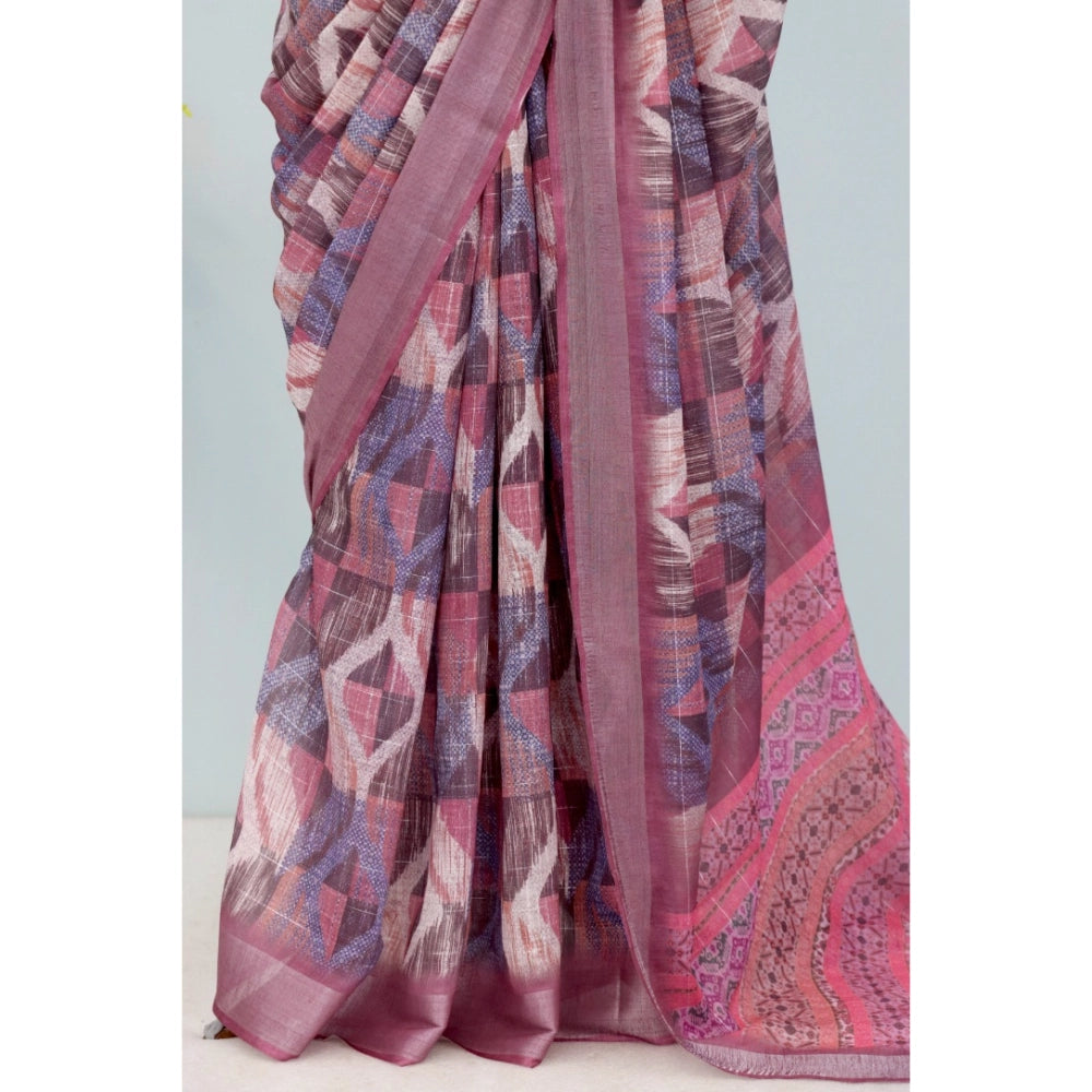 Amfyn Women's Linen Digital Print Saree With Unstitched Blouse 5.5Mtr (Pink)