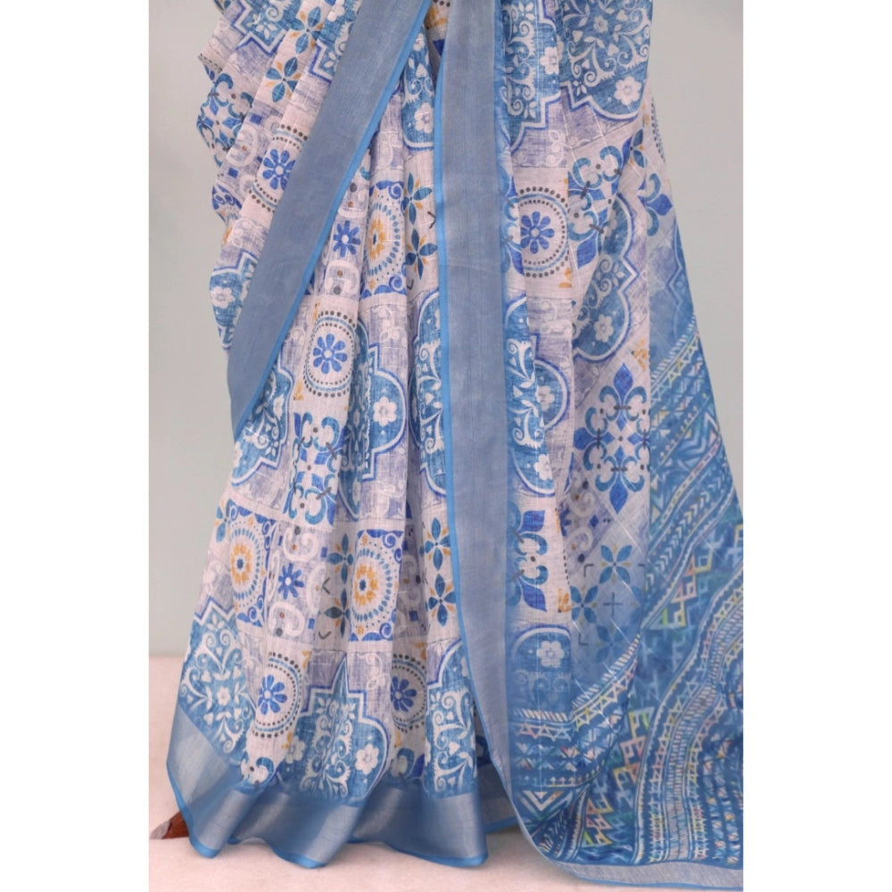 Amfyn Women's Linen Digital Print Saree With Unstitched Blouse 5.5Mtr (Blue)
