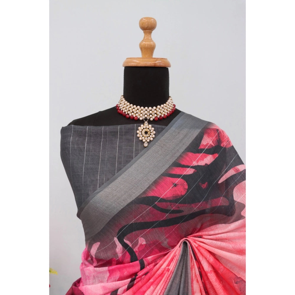 Amfyn Women's Linen Digital Print Saree With Unstitched Blouse 5.5Mtr (Pink)