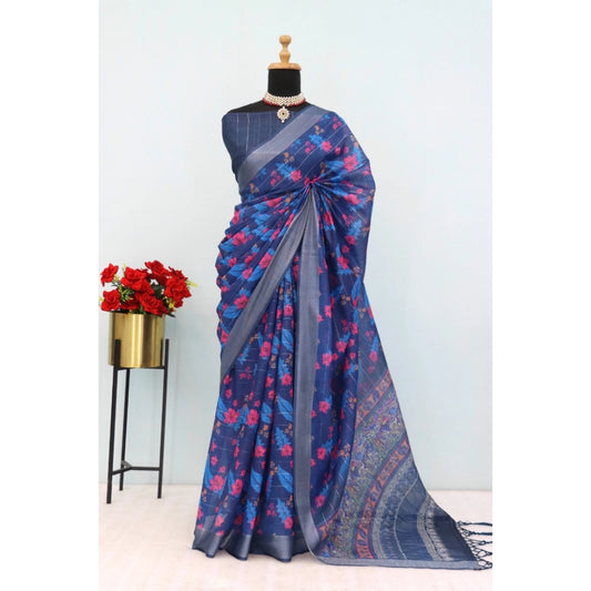 Amfyn Women's Linen Digital Print Saree With Unstitched Blouse 5.5Mtr (Blue)