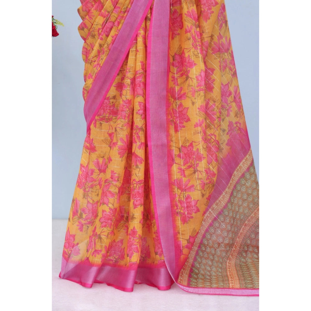Amfyn Women's Linen Digital Print Saree With Unstitched Blouse 5.5Mtr (Yellow)