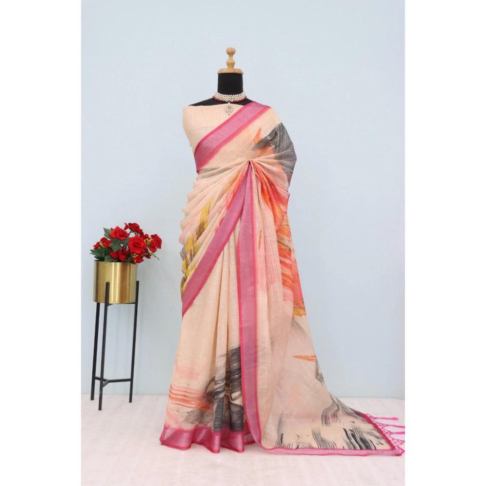 Amfyn Women's Linen Digital Print Saree With Unstitched Blouse 5.5Mtr (Multicolor)