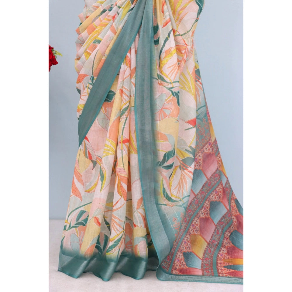 Amfyn Women's Linen Digital Print Saree With Unstitched Blouse 5.5Mtr (Green)