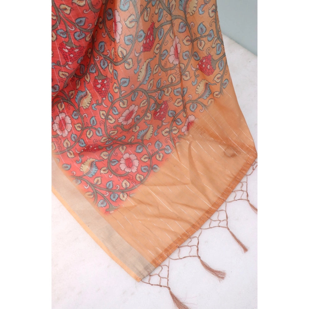 Amfyn Women's Linen Digital Print Saree With Unstitched Blouse 5.5Mtr (Orange)