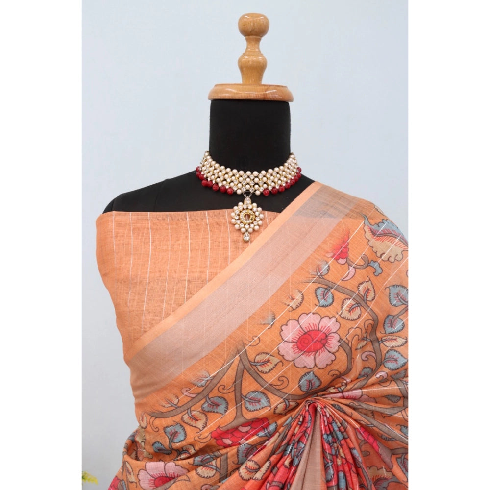 Amfyn Women's Linen Digital Print Saree With Unstitched Blouse 5.5Mtr (Orange)