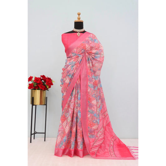 Amfyn Women's Linen Digital Print Saree With Unstitched Blouse 5.5Mtr (Pink)