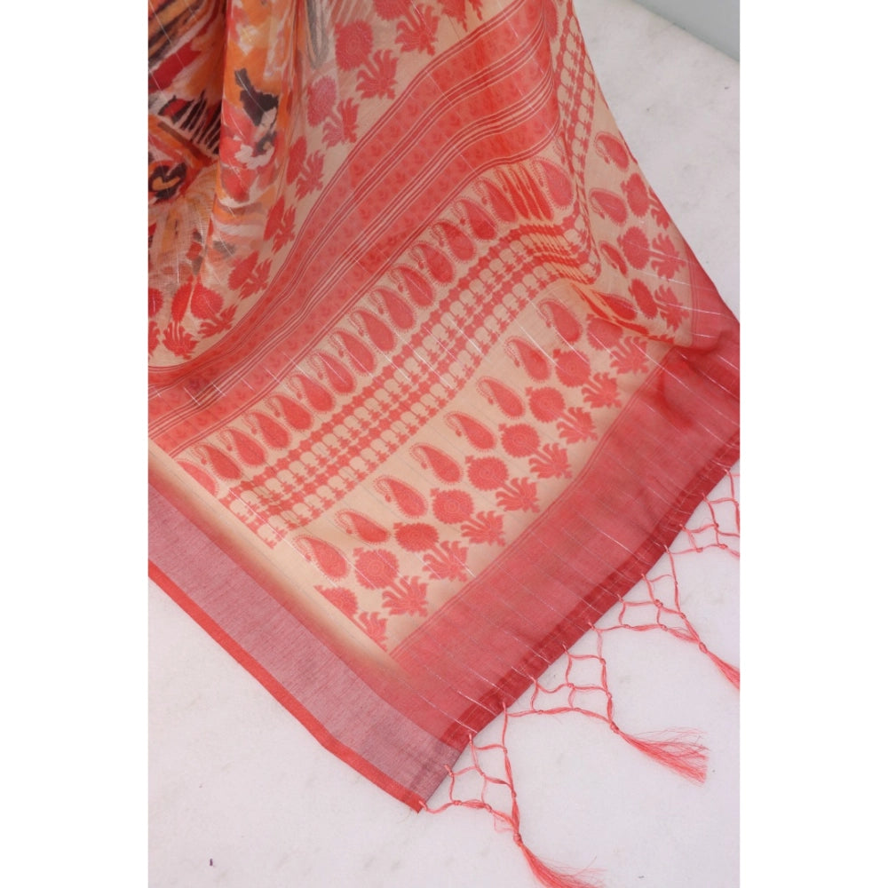 Amfyn Women's Linen Digital Print Saree With Unstitched Blouse 5.5Mtr (Pink)