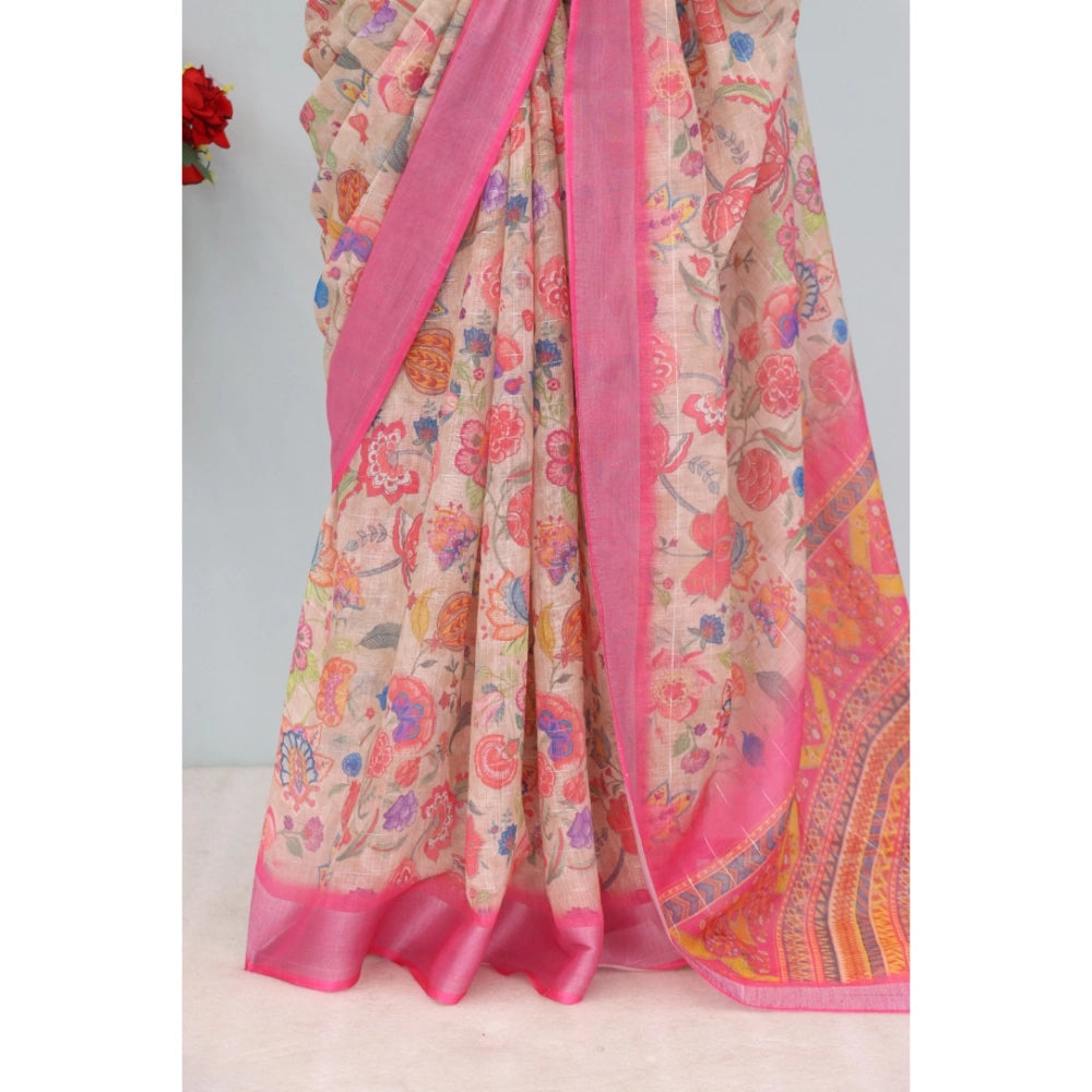 Amfyn Women's Linen Digital Print Saree With Unstitched Blouse 5.5Mtr (Pink)