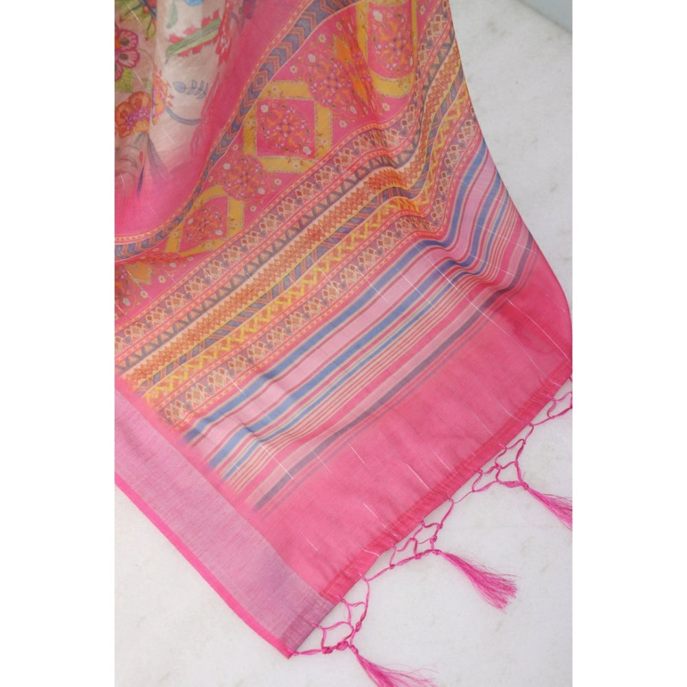 Amfyn Women's Linen Digital Print Saree With Unstitched Blouse 5.5Mtr (Pink)