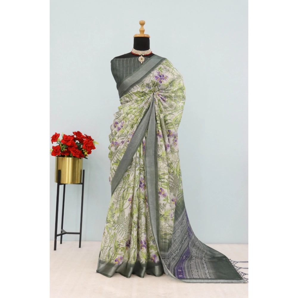 Amfyn Women's Linen Digital Print Saree With Unstitched Blouse 5.5Mtr (Green)