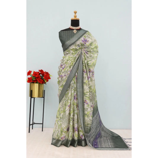 Amfyn Women's Linen Digital Print Saree With Unstitched Blouse 5.5Mtr (Green)