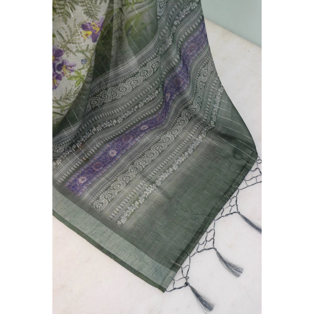 Amfyn Women's Linen Digital Print Saree With Unstitched Blouse 5.5Mtr (Green)