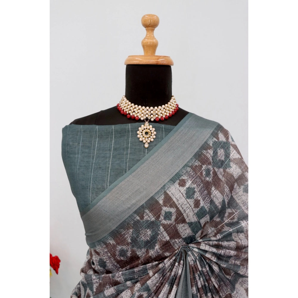 Amfyn Women's Linen Digital Print Saree With Unstitched Blouse 5.5Mtr (Grey)