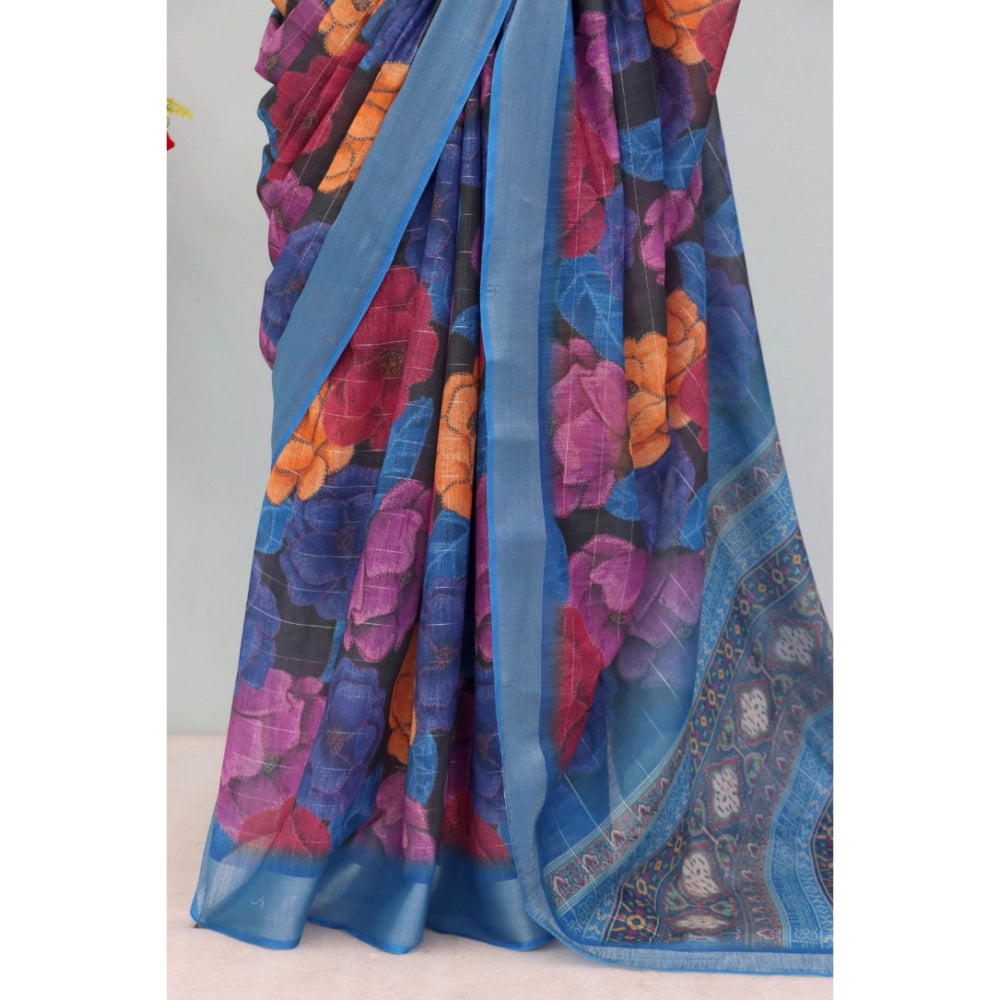 Amfyn Women's Linen Digital Print Saree With Unstitched Blouse 5.5Mtr (Blue)