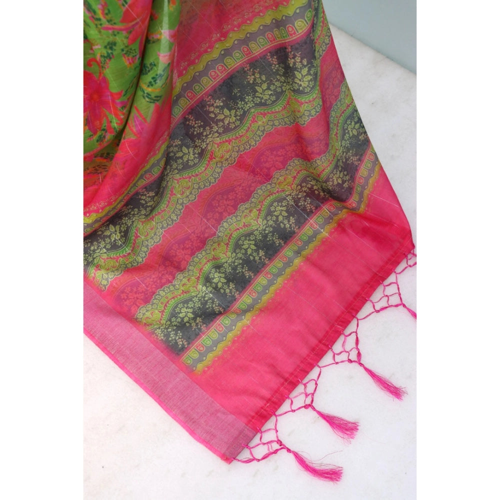 Amfyn Women's Linen Digital Print Saree With Unstitched Blouse 5.5Mtr (Green)