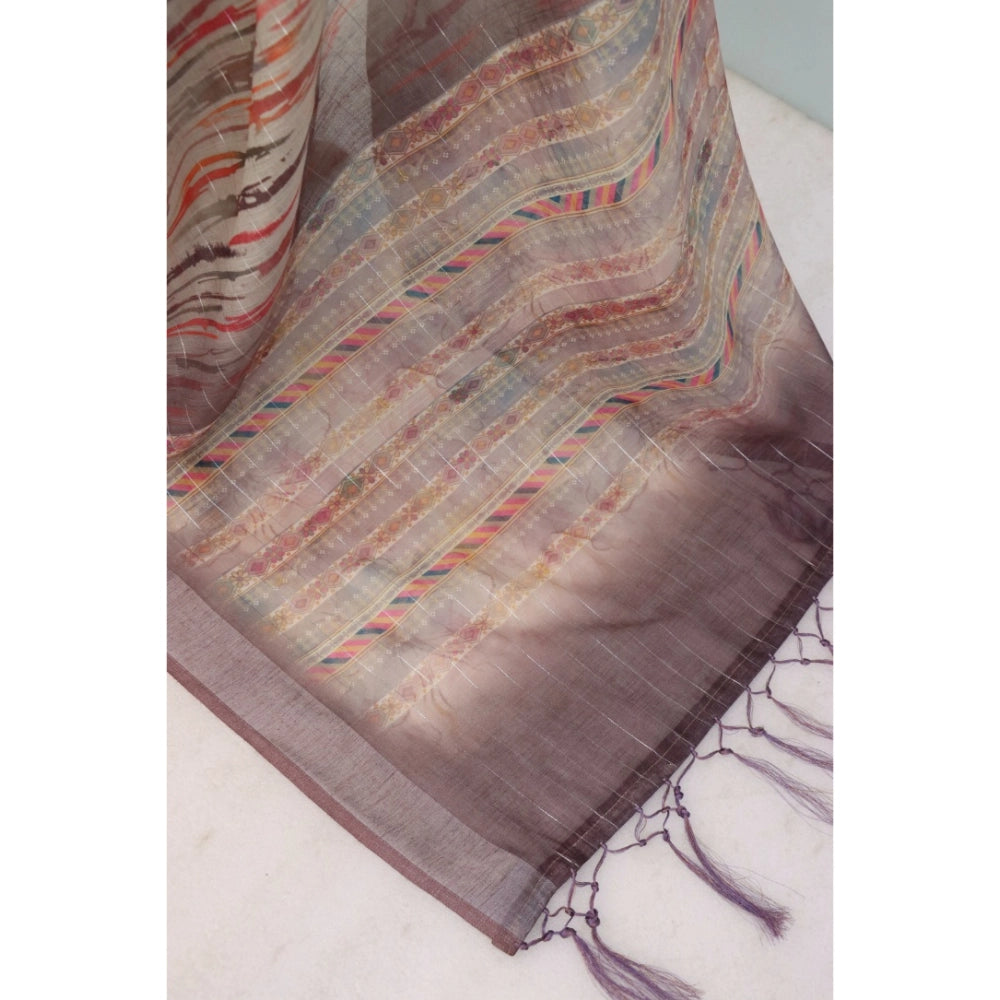 Amfyn Women's Linen Digital Print Saree With Unstitched Blouse 5.5Mtr (Grey)