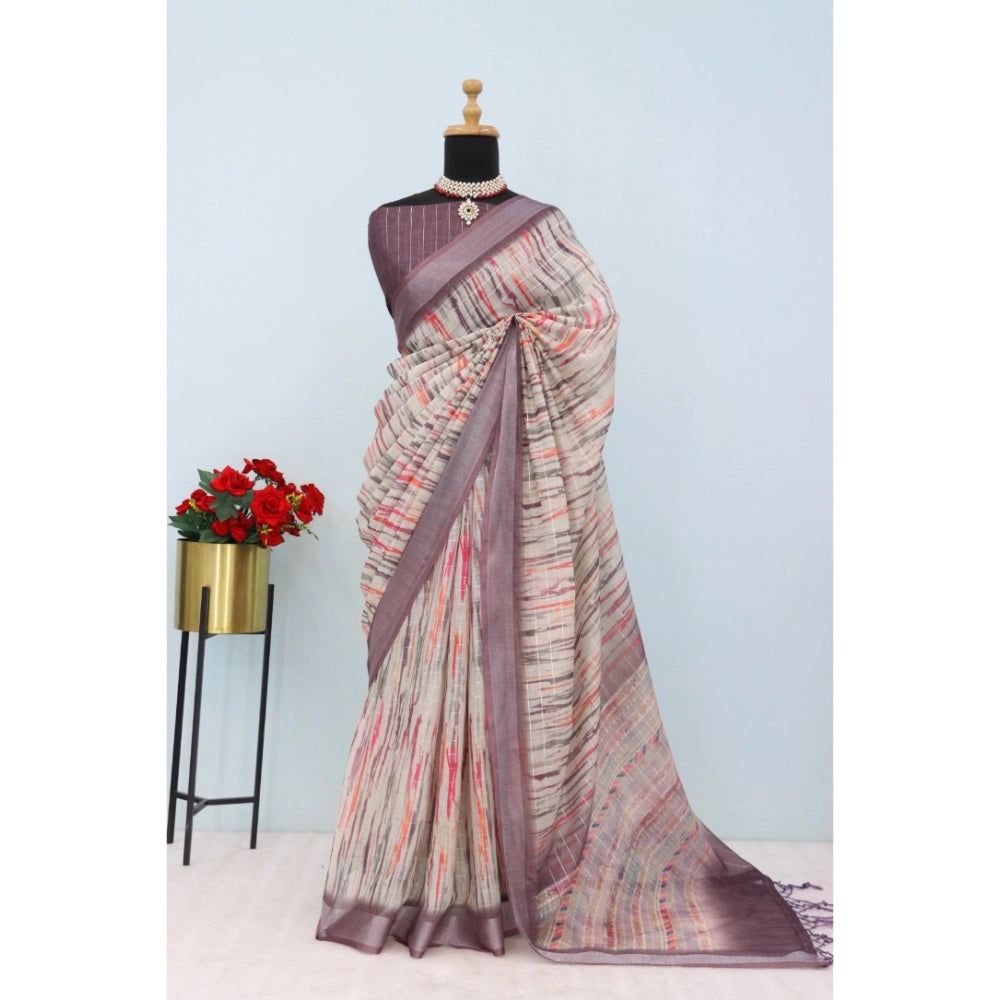 Amfyn Women's Linen Digital Print Saree With Unstitched Blouse 5.5Mtr (Grey)