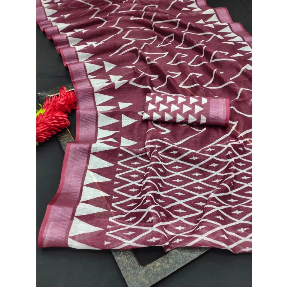Amfyn Women's Cotton Linen Woven Design Saree With Unstitched Blouse 5.5Mtr (Maroon)