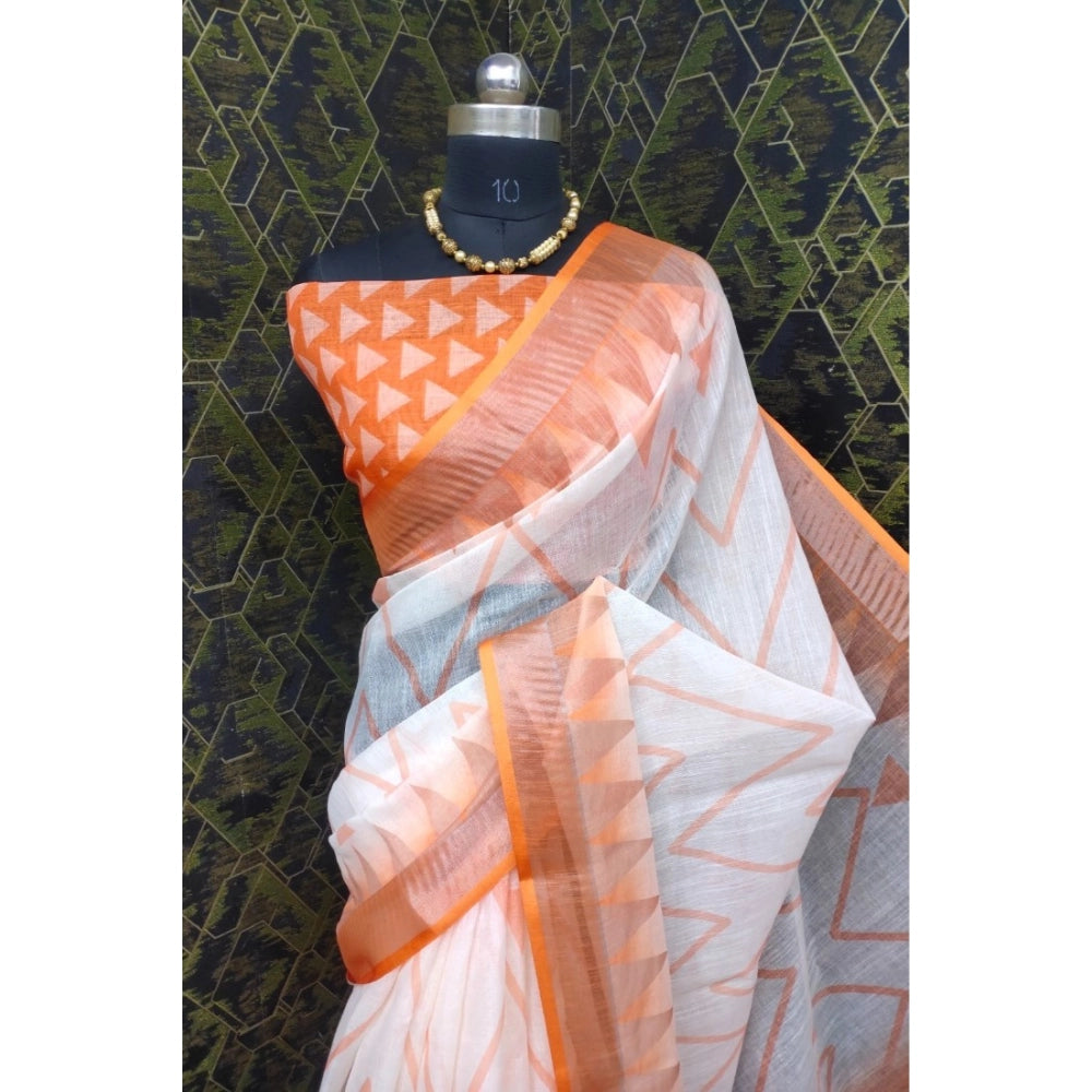 Amfyn Women's Cotton Linen Woven Design Saree With Unstitched Blouse 5.5Mtr (Orange)