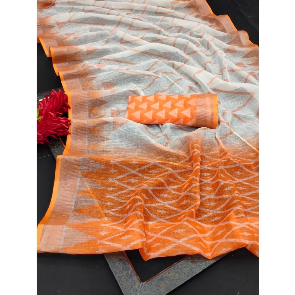Amfyn Women's Cotton Linen Woven Design Saree With Unstitched Blouse 5.5Mtr (Orange)
