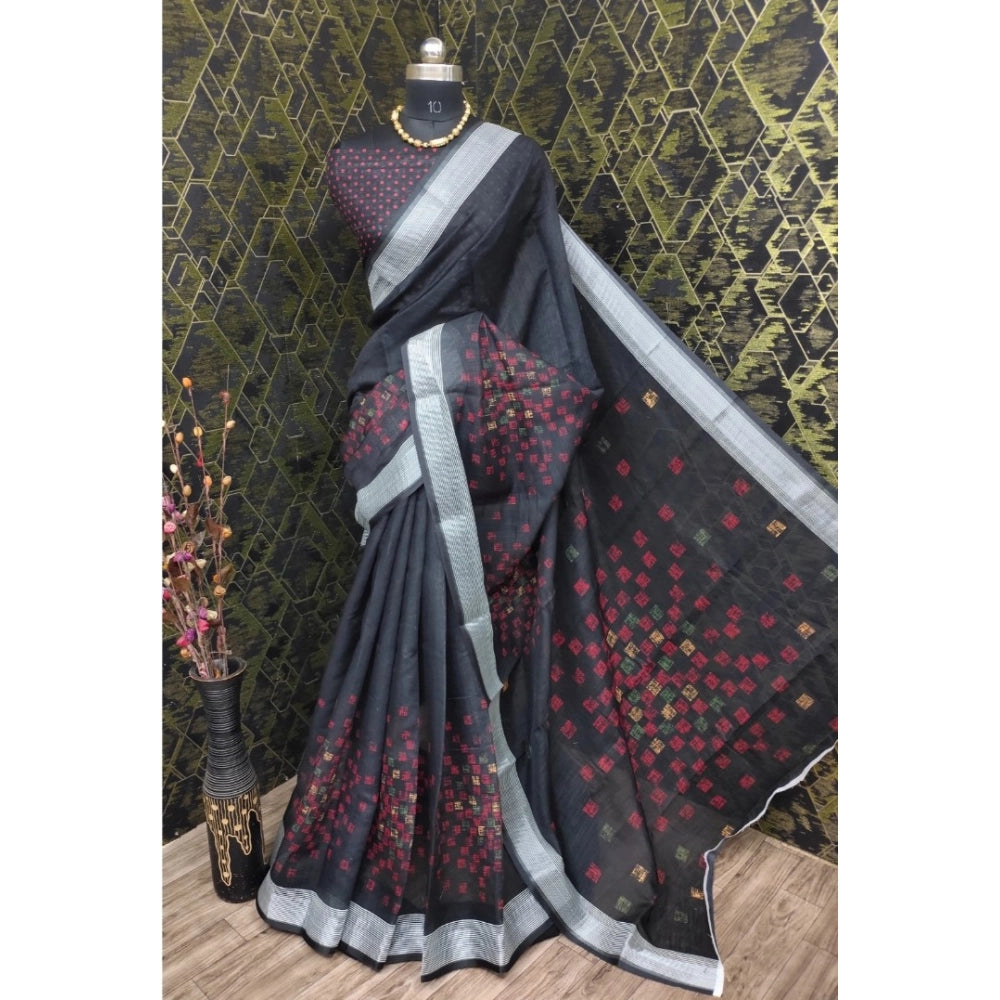 Amfyn Women's Cotton Linen Digital Print Saree With Unstitched Blouse 5.5Mtr (Black)