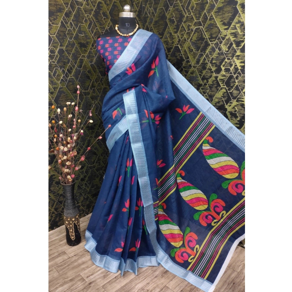 Amfyn Women's Cotton Linen Digital Print Saree With Unstitched Blouse 5.5Mtr (Blue)