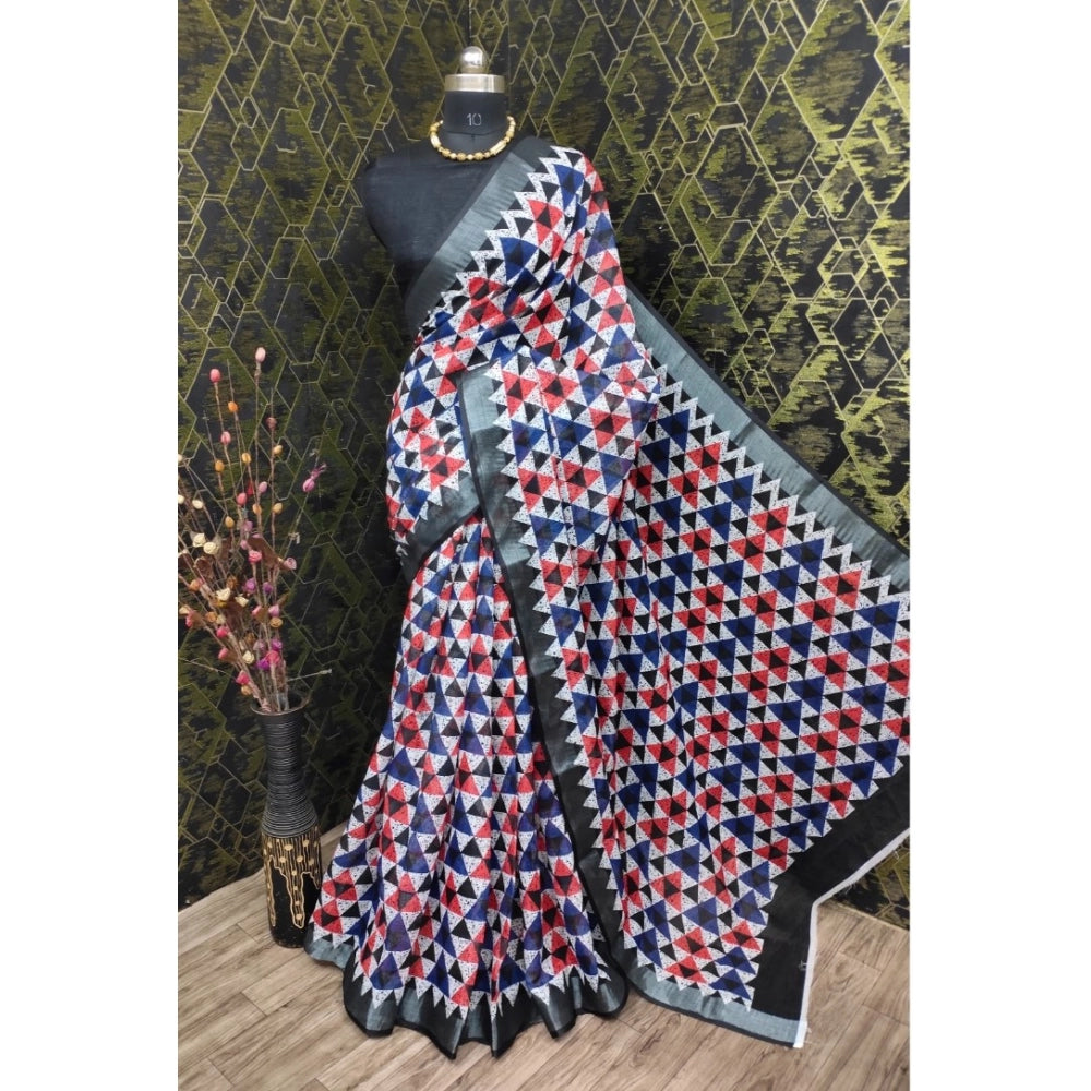 Amfyn Women's Cotton Linen Printed Saree With Unstitched Blouse 5.5Mtr (Black)